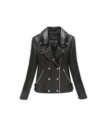 Zippered moto asymmetrical lambskin jacket with detailed piping - black outlet