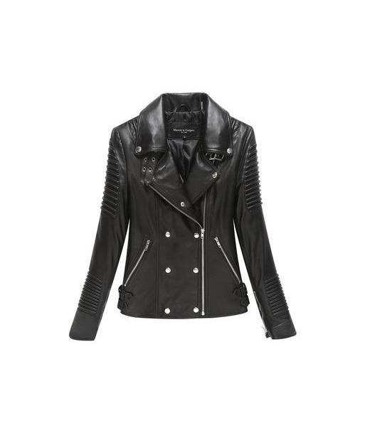 Zippered moto asymmetrical lambskin jacket with detailed piping - black outlet