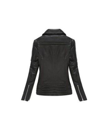 Zippered moto asymmetrical lambskin jacket with detailed piping - black outlet