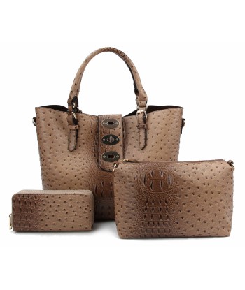 Ostrich Embossed Turn-Lock 3 in 1 Tote Wallet set livraison gratuite