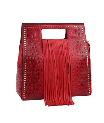 Ostrich Embossed Fringe Square Satchel Bag solde