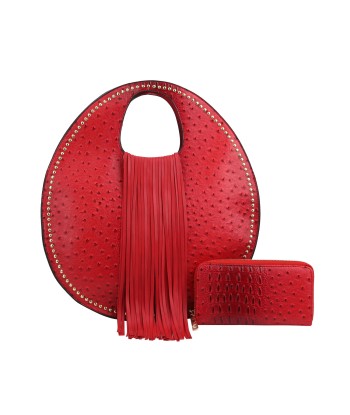 Ostrich Embossed Fringe Round Satchel Bag 2023