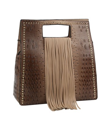 Ostrich Embossed Fringe Square Satchel Bag solde