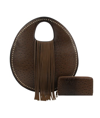 Ostrich Embossed Fringe Round Satchel Bag 2023