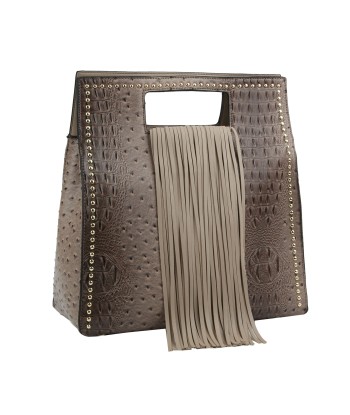 Ostrich Embossed Fringe Square Satchel Bag solde