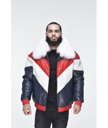 Men’s Lambskin V Bomber Jacket with Detachable White Fox Collar en ligne