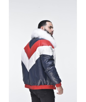 Men’s Lambskin V Bomber Jacket with Detachable White Fox Collar en ligne