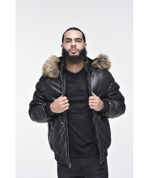 Men’s Faux Leather V Bomber Jacket with Detachable Faux Fur Hood - Black de technologie