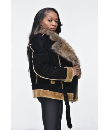 Ladies Faux Shearling with Faux Fur Collar - Black with Natural Economisez 