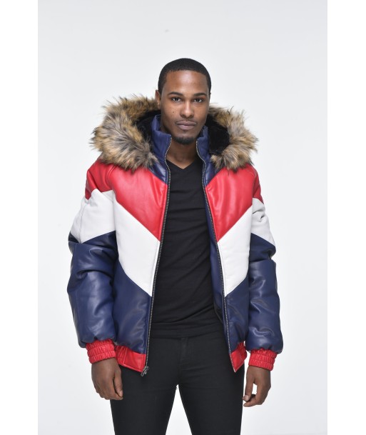 Men’s Faux Leather V Bomber Jacket with Detachable Faux Fur Hood - Red, White, Blue en stock