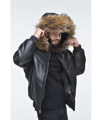 Men’s Faux Leather V Bomber Jacket with Detachable Faux Fur Hood - Black de technologie