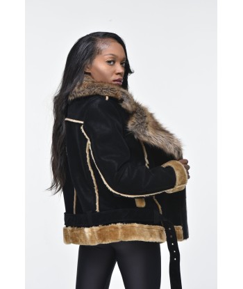 Ladies Faux Shearling with Faux Fur Collar - Black with Natural Economisez 