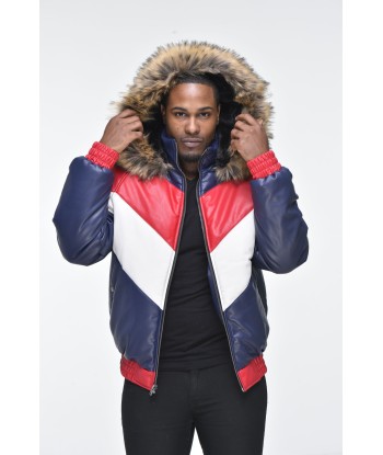 Men’s Faux Leather V Bomber Jacket with Detachable Faux Fur Hood - Red, White, Blue en stock