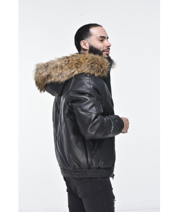 Men’s Faux Leather V Bomber Jacket with Detachable Faux Fur Hood - Black de technologie