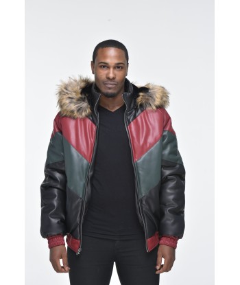 Men’s Faux Leather V Bomber Jacket with Detachable Faux Fur Hood - Red, Green, Black paiement sécurisé