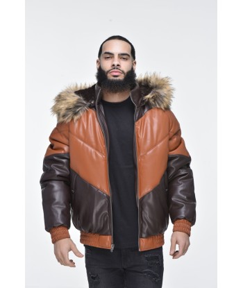 Men’s Faux Leather V Bomber Jacket with Detachable Faux Fur Hood - Cognac pas cher chine