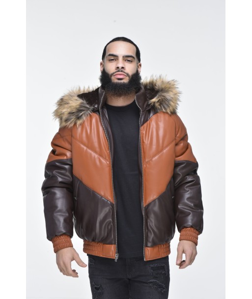 Men’s Faux Leather V Bomber Jacket with Detachable Faux Fur Hood - Cognac pas cher chine