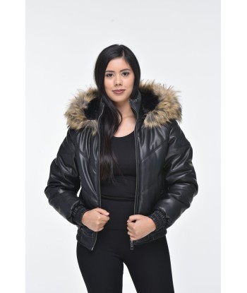 Ladies Faux Leather V Bomber Jacket with Detachable Faux Fur Hood (READ DESCRIPTION) - Black de votre