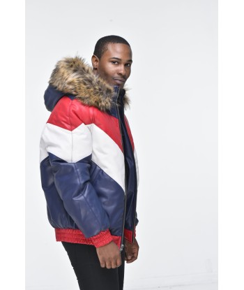 Men’s Faux Leather V Bomber Jacket with Detachable Faux Fur Hood - Red, White, Blue en stock