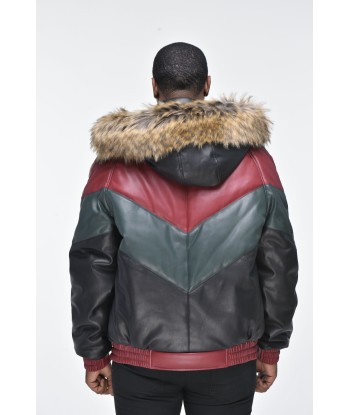 Men’s Faux Leather V Bomber Jacket with Detachable Faux Fur Hood - Red, Green, Black paiement sécurisé