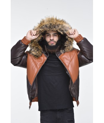 Men’s Faux Leather V Bomber Jacket with Detachable Faux Fur Hood - Cognac pas cher chine