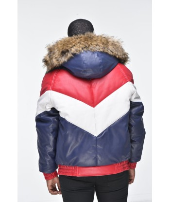 Men’s Faux Leather V Bomber Jacket with Detachable Faux Fur Hood - Red, White, Blue en stock