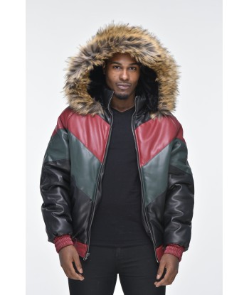 Men’s Faux Leather V Bomber Jacket with Detachable Faux Fur Hood - Red, Green, Black paiement sécurisé