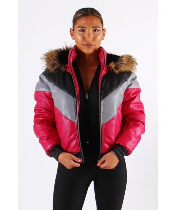 Ladies Faux Leather V Bomber Jacket with Detachable Faux Fur Hood - Red, Green, Black chez Cornerstreet bien 