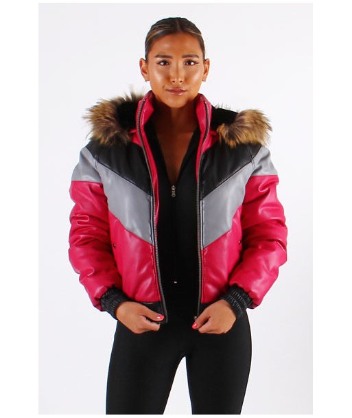 Ladies Faux Leather V Bomber Jacket with Detachable Faux Fur Hood - Red, Green, Black chez Cornerstreet bien 