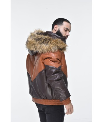 Men’s Faux Leather V Bomber Jacket with Detachable Faux Fur Hood - Cognac pas cher chine