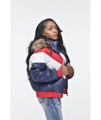 Ladies Faux Leather V Bomber Jacket with Detachable Faux Fur Hood - Red, White, Blue Livraison rapide