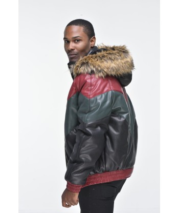 Men’s Faux Leather V Bomber Jacket with Detachable Faux Fur Hood - Red, Green, Black paiement sécurisé