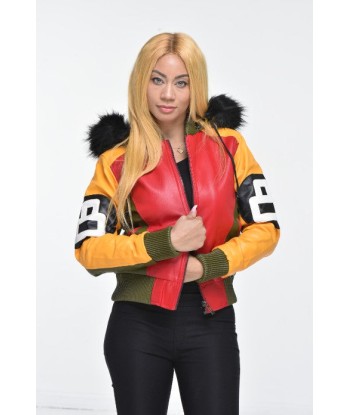 Ladies Eight Ball Faux Leather Bomber Jacket with Detachable Hood – Multi Color en ligne