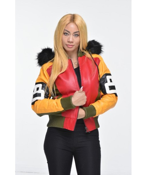 Ladies Eight Ball Faux Leather Bomber Jacket with Detachable Hood – Multi Color en ligne