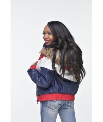 Ladies Faux Leather V Bomber Jacket with Detachable Faux Fur Hood - Red, White, Blue Livraison rapide