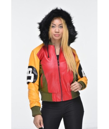 Ladies Eight Ball Faux Leather Bomber Jacket with Detachable Hood – Multi Color en ligne