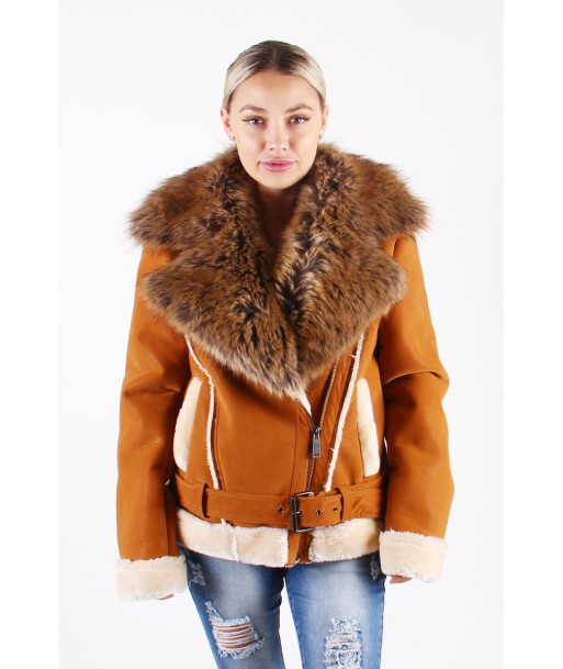 Ladies Faux Shearling with Faux Fur Collar -  Cognac with Natural soldes