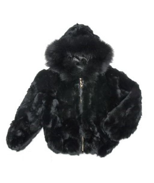 Kids Rabbit Fur Hooded Bomber Jacket - Black de l' environnement