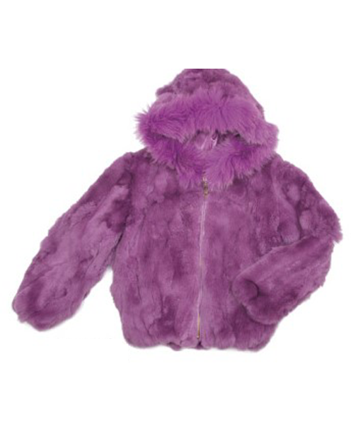 Kids Rabbit Fur Hooded Bomber Jacket - Purple français