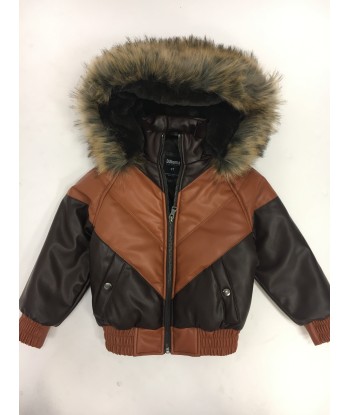 Kids Faux Leather V Bomber Jacket with Detachable Faux Fur Hood - Cognac acheter