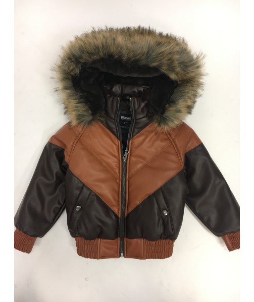 Kids Faux Leather V Bomber Jacket with Detachable Faux Fur Hood - Cognac acheter