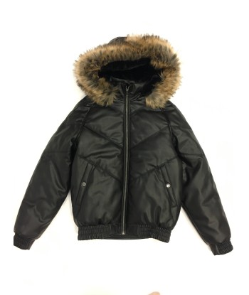 Kids Faux Leather V Bomber Jacket with Detachable Faux Fur Hood - Black de pas cher