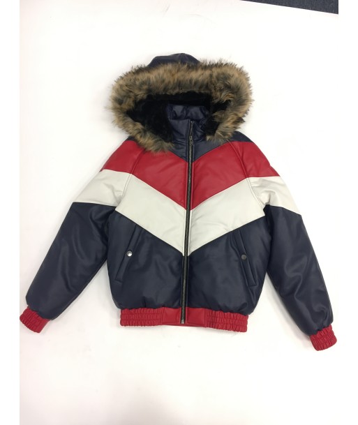 Kids Faux Leather V Bomber Jacket with Detachable Faux Fur Hood - Red,White,Blue Véritable concentré