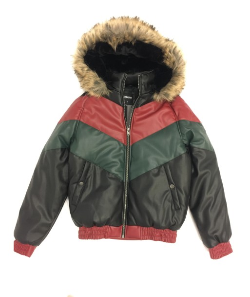 Kids Faux Leather V Bomber Jacket with Detachable Faux Fur Hood - Red,Green,Black outlet