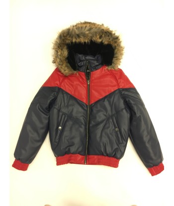 Kids Faux Leather V Bomber Jacket with Detachable Faux Fur Hood - Red and Navy acheter