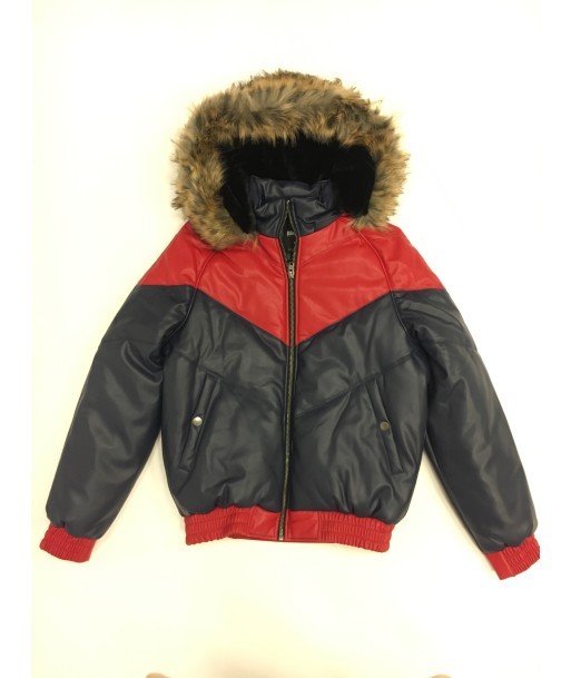 Kids Faux Leather V Bomber Jacket with Detachable Faux Fur Hood - Red and Navy acheter