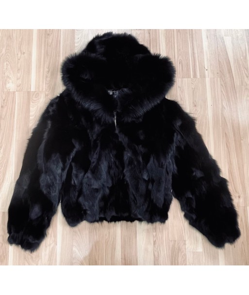 Ladies Black Fox Fur Bomber Jacket with Hood – Black pas cher 