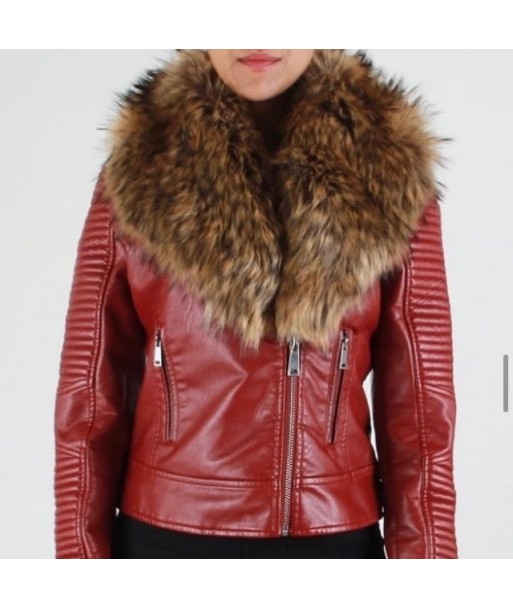 Ladies Vegan Burgundy Fashion Asymmetrical with Faux Fur Collar de la marque