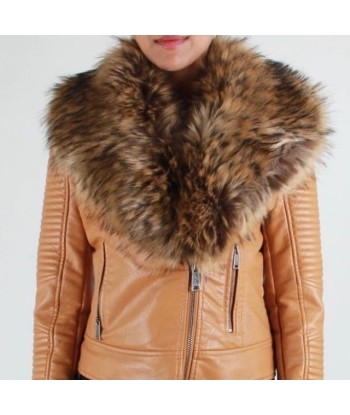 Ladies Tan Vegan Fashion Asymmetrical with Faux Fur Collar destockage