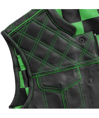 Finish Line - Green Checker - Men's Motorcycle Leather Vest à prix réduit toute l'année